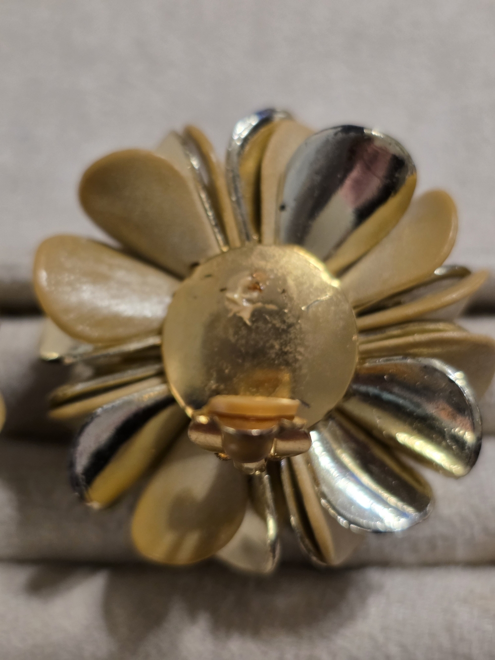 Large, Unique Floral Cluster Clip-On Earrings in Matte And Metallic Goldtone - Picture 7 of 7